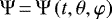 Mathematical equation: $\Psi\,{=}\,\Psi \left( t, \theta, \varphi \right) $