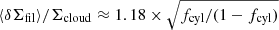 Mathematical equation: $ \langle\delta \Sigma_{\mathrm{fil}}\rangle/\Sigma_{\mathrm{cloud}}\approx 1.18\times \sqrt{f_{\mathrm{cyl}}/(1-f_{\mathrm{cyl}})} $