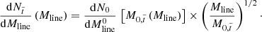 Mathematical equation: $$ \begin{aligned} \frac{ \mathrm{d} N_{\tilde{t}} }{\mathrm{d} M_{\rm line}}\, (M_{\rm line}) = \frac{ \mathrm{d} N_0 }{\mathrm{d} M_{\rm line}^0}\, \left[ M_{0,\tilde{t}}\, (M_{\rm line}) \right] \times \left( \frac{M_{\rm line}}{M_{0,\tilde{t}}} \right)^{1/2}\cdot \end{aligned} $$