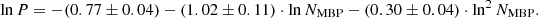 Mathematical equation: $$ \begin{aligned} \ln P = -(0.77 \pm 0.04)-(1.02 \pm 0.11) \cdot \ln N_\mathrm{MBP} -(0.30 \pm 0.04) \cdot \ln ^2 N_\mathrm{MBP} . \end{aligned} $$