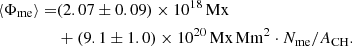 Mathematical equation: $$ \begin{aligned} \langle \Phi _\mathrm{me} \rangle =&(2.07 \pm 0.09) \times 10^{18}\,\mathrm{Mx}\nonumber \\&+ (9.1 \pm 1.0)\times 10^{20}\,\mathrm{Mx\,Mm}^{2} \cdot N_{\mathrm{me}} / A_{\mathrm{CH}}. \end{aligned} $$