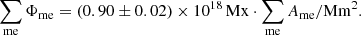 Mathematical equation: $$ \begin{aligned} \sum _{\mathrm{me}} \Phi _{\mathrm{me}} = (0.90 \pm 0.02)\times 10^{18}\,\mathrm{Mx} \cdot \sum _{\mathrm{me}} A_{\mathrm{me}} /\mathrm{Mm}^{2}. \end{aligned} $$