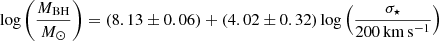 Mathematical equation: $$ \begin{aligned} \log \left(\frac{M_{\rm BH}}{M_{\odot }}\right) = (8.13 \pm 0.06) + (4.02 \pm 0.32)\log \left(\frac{\sigma _{\star }}{\mathrm{200\,km\,s^{-1}}}\right) \end{aligned} $$
