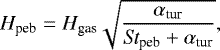 Mathematical equation: \begin{equation*}H_{\textrm{peb}}=H_{\textrm{gas}}\sqrt{ \frac{\alpha_{\textrm{tur}}} {\textit{St}_{\textrm{peb}} + \alpha_{\textrm{tur}}}}, \end{equation*}