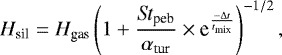 Mathematical equation: \begin{equation*}H_{\textrm{sil}}=H_{\textrm{gas}} \left( 1+ \frac{ \textit{St}_{\textrm{peb}} }{\alpha_{\textrm{tur}}} \times {\textrm{e}}^{ \frac{-\Delta t}{t_{\textrm{mix}}}} \right)^{-1/2}, \end{equation*}
