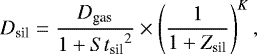 Mathematical equation: \begin{equation*}D_{\textrm{sil}} = \frac{D_{\textrm{gas}}}{1+{St_{\textrm{sil}}}^2} \times \left( \frac{1}{1+Z_{\textrm{sil}}} \right)^{K}, \end{equation*}