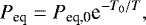 Mathematical equation: \begin{equation*} P_{\textrm{eq}} = P_{\textrm{eq,0}} \textrm{e}^{-T_{\textrm{0}}/T}, \end{equation*}