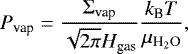 Mathematical equation: \begin{equation*} P_{\textrm{vap}} = \frac{\Sigma_{\textrm{vap}}}{\sqrt{2\pi} H_{\textrm{gas}}} \frac{k_{\textrm{B}}T}{\mu_{\textrm{H}_2\textrm{O}}}, \end{equation*}