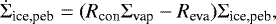 Mathematical equation: \begin{equation*} \dot{\Sigma}_{\textrm{ice,peb}} = (R_{\textrm{con}} \Sigma_{\textrm{vap}} - R_{\textrm{eva}}) \Sigma_{\textrm{ice,peb}}, \end{equation*}