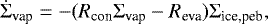 Mathematical equation: \begin{equation*} \dot{\Sigma}_{\textrm{vap}} = -(R_{\textrm{con}} \Sigma_{\textrm{vap}} - R_{\textrm{eva}}) \Sigma_{\textrm{ice,peb}}, \end{equation*}