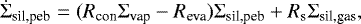 Mathematical equation: \begin{equation*} \dot{\Sigma}_{\textrm{sil,peb}} = (R_{\textrm{con}} \Sigma_{\textrm{vap}} - R_{\textrm{eva}}) \Sigma_{\textrm{sil,peb}} + R_{\textrm{s}}\Sigma_{\textrm{sil,gas}}, \end{equation*}