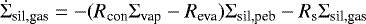 Mathematical equation: \begin{equation*} \dot{\Sigma}_{\textrm{sil,gas}} = -(R_{\textrm{con}} \Sigma_{\textrm{vap}} - R_{\textrm{eva}}) \Sigma_{\textrm{sil,peb}} - R_{\textrm{s}}\Sigma_{\textrm{sil,gas}} \end{equation*}