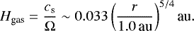 Mathematical equation: \begin{equation*}H_{\textrm{gas}}=\frac{c_{\textrm{s}}}{\Omega} \sim 0.033 \left( \frac{r}{1.0\,\textrm{au} } \right)^{5/4} \textrm{au}. \end{equation*}