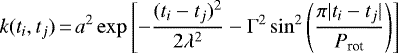 Mathematical equation: \begin{equation*} k(t_i,t_j)\,{=}\,a^2 \exp{\left[ -\frac{(t_i-t_j)^2}{2\lambda^2} -\Gamma^2 \sin^2{\left( \frac{\pi |t_i-t_j|}{P_{\text{rot}}} \right)} \right]}\end{equation*}