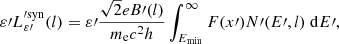 Mathematical equation: $$ \begin{aligned} \varepsilon \prime L_{\varepsilon \prime }^{\prime \mathrm{syn}}(l) = \varepsilon \prime \frac{\sqrt{2} e B\prime (l)}{m_{\rm e} c^2 h} \int _{E_{\rm min}}^\infty F(x\prime ) N\prime (E\prime ,l)\ \mathrm{d}E\prime , \end{aligned} $$
