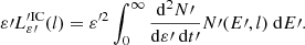 Mathematical equation: $$ \begin{aligned} \varepsilon \prime L_{\varepsilon \prime }^{\prime \mathrm{IC}}(l) = \varepsilon ^{\prime 2} \int _0^\infty \frac{\mathrm{d}^2 N\prime }{\mathrm{d}\varepsilon \prime \ \mathrm{d}t\prime } N\prime (E\prime ,l)\ \mathrm{d}E\prime . \end{aligned} $$