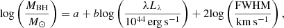 Mathematical equation: $$ \begin{aligned} \mathrm{log}\left(\frac{M_{\rm BH}}{M_{\odot }}\right) = a + b\mathrm{log}\left(\frac{\lambda {L}_{\lambda }}{10^{44}\,\mathrm{erg\,s^{-1}}}\right) + 2\mathrm{log}\left(\frac{\mathrm{FWHM}}{\mathrm{km\,s^{-1}}}\right), \end{aligned} $$