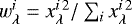 Mathematical equation: \( w_{\lambda}^{i}= x_{\lambda}^{i\,2}/\sum_{i} x_{\lambda}^{i\,2} \)