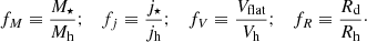 Mathematical equation: $$ \begin{aligned} f_M\equiv \frac{ M_\star }{M_{\rm h}}; \quad f_j\equiv \frac{ j_\star }{j_{\rm h}}; \quad f_V\equiv \frac{V_{\rm flat}}{V_{\rm h}}; \quad f_R\equiv \frac{R_{\rm d}}{R_{\rm h}}\cdot \end{aligned} $$