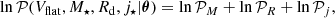 Mathematical equation: $$ \begin{aligned} \ln {\mathcal{P} (V_{\rm flat}, M_\star ,R_{\rm d}, j_\star |\boldsymbol{\theta })} = \ln {\mathcal{P} _M}+\ln {\mathcal{P} _R}+\ln {\mathcal{P} _j}, \end{aligned} $$