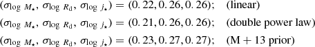 Mathematical equation: $$ \begin{aligned} (\sigma _{\log \,M_\star }, \,\sigma _{\log \,R_{\rm d}}, \,\sigma _{\log \,j_\star })&= (0.22, 0.26, 0.26); \quad \text{(linear)}\\ (\sigma _{\log \,M_\star }, \,\sigma _{\log \,R_{\rm d}}, \,\sigma _{\log \,j_\star })&= (0.21, 0.26, 0.26); \quad \text{(double} \text{ power} \text{ law)} \\ (\sigma _{\log \,M_\star }, \,\sigma _{\log \,R_{\rm d}}, \,\sigma _{\log \,j_\star })&= (0.23, 0.27, 0.27); \quad \text{(M}+\text{13} \text{ prior)} \end{aligned} $$