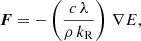 Mathematical equation: $$ \begin{aligned}&\boldsymbol{F} = - \left(\frac{c \, \lambda }{\rho \, k_{\rm R}}\right) \, \nabla E, \end{aligned} $$