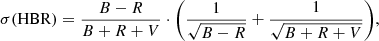 Mathematical equation: $$ \begin{aligned} \sigma \mathrm{(HBR)}=\frac{B-R}{B+R+V}\cdot \Bigg (\frac{1}{\sqrt{B-R}}+\frac{1}{\sqrt{B+R+V}}\Bigg ), \end{aligned} $$