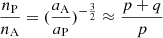 Mathematical equation: $ \frac{n_{\mathrm{P}}}{n_{\mathrm{A}}}=(\frac{a_{\mathrm{A}}}{a_{\mathrm{P}}})^{-\frac{3}{2}}\approx\frac{p+q}{p} $