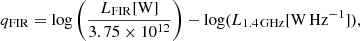 Mathematical equation: $$ \begin{aligned} q_{\rm FIR} = \log \left( \frac{L_{\rm FIR} [\mathrm{W}]}{3.75 \times 10^{12}} \right) - \log (L_{\rm 1.4\,GHz} [\mathrm{W}\,\mathrm{Hz}^{-1}]), \end{aligned} $$