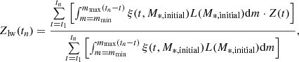 Mathematical equation: $$ \begin{aligned} Z_{\rm lw}(t_n) = \frac{\sum \limits _{t=t_1}^{t_n} \left[ \int _{m=m_{\rm min}}^{m_{\rm max}(t_n-t)} \xi (t,M_{*,\mathrm{initial}})L(M_{*,\mathrm{initial}})\mathrm{d}m \cdot Z(t) \right]}{\sum \limits _{t=t_1}^{t_n} \left[ \int _{m=m_{\mathrm{min}}}^{m_{\rm max}(t_n-t)} \xi (t,M_{*,\mathrm{initial}})L(M_{*,\mathrm{initial}})\mathrm{d}m \right]}, \end{aligned} $$