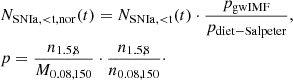 Mathematical equation: $$ \begin{aligned}&N_{\mathrm{SNIa},<\mathrm{t,nor}}(t) = N_{\mathrm{SNIa},<\mathrm{t}}(t)\cdot \frac{p_{\mathrm{gwIMF}}}{p_{\rm diet-Salpeter}}, \nonumber \\&p = \frac{n_{1.5,8}}{M_{0.08,150}} \cdot \frac{n_{1.5,8}}{n_{0.08,150}}\cdot \end{aligned} $$