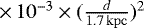 Mathematical equation: $\,{\times}\,10^{-3}\times(\frac{d}{1.7\, \rm{kpc}})^2$