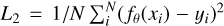 Mathematical equation: $ L_2=1/N\sum_i^N (f_\theta(x_i)-y_i)^2 $
