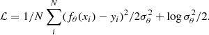 Mathematical equation: $$ \begin{aligned} \mathcal{L} =1/N\sum _i^N (f_\theta (x_i)-y_i)^2/2\sigma _\theta ^2 + \log \sigma _\theta ^2/2. \end{aligned} $$