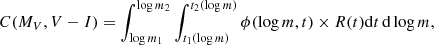 Mathematical equation: $$ \begin{aligned} C(M_{V}, V - I)= \int _{\log m_{1}}^{\log m_{2}} \int _{t_{1}(\log m)} ^{t_{2}(\log m)} \phi (\log m,t)\times R(t) \mathrm{d}t\,\mathrm{d}\log m, \end{aligned} $$