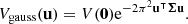 Mathematical equation: $$ \begin{aligned} V_\mathrm{gauss} (\mathbf u )&= V(\mathbf 0 )\mathrm{e}^{-2\pi ^2\mathbf u ^\intercal \boldsymbol{\Sigma }\mathbf u }. \end{aligned} $$