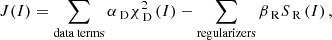 Mathematical equation: $$ \begin{aligned} J(I) = \sum _{\mathrm{data\, terms}} \alpha _{\text{ D}} \chi ^2_{\text{ D}}\left(I\right) - \sum _{{\mathrm{regularizers}}} \beta _{\text{ R}} S_{\text{ R}}\left(I\right), \end{aligned} $$