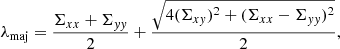 Mathematical equation: $$ \begin{aligned} \lambda _\mathrm{maj}&= \frac{\Sigma _{xx}+\Sigma _{yy}}{2} + \frac{\sqrt{4(\Sigma _{xy})^2 + (\Sigma _{xx} - \Sigma _{yy})^2}}{2}, \end{aligned} $$