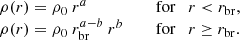 Mathematical equation: $$ \begin{aligned} \begin{array}{lll}&\rho (r) = \rho _0\ r^a&\quad \text{ for} \quad r<r_\mathrm{br} ,\\&\rho (r) = \rho _0\ r_\mathrm{br} ^{a-b}\ r^b&\quad \text{ for} \quad r\ge r_\mathrm{br} . \end{array} \end{aligned} $$