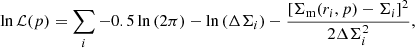 Mathematical equation: $$ \begin{aligned} \ln \mathcal{L} (p) = \sum _i -0.5\ln \left(2\pi \right)-\ln \left(\Delta \Sigma _i\right)-\frac{\left[\Sigma _\mathrm{m} (r_i, p)-\Sigma _i\right]^2}{2\Delta \Sigma _i^2}, \end{aligned} $$
