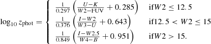 Mathematical equation: $$ \begin{aligned} \log _{10}z_{\rm phot}= \left\{ \begin{array}{l l} \frac{1}{0.297}\left(\frac{U-K}{W2-\mathrm{FUV}}+0.285\right)&\text{ if} W2 \le 12.5 \\ \frac{1}{0.376}\left(\frac{I-W2}{W3-U}+0.643\right)&\text{ if} 12.5 < W2 \le 15 \\ \frac{1}{0.849}\left(\frac{I-W2.5}{W4-B}+0.951\right)&\text{ if} W2 > 15.\\ \end{array} \right. \end{aligned} $$