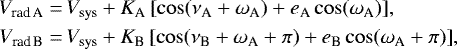 Mathematical equation: \begin{equation*} \begin{split} V_{\textrm{rad\,A}} =\, & V_{\textrm{sys}} + K_{\textrm{A}}\left[ \cos(\nu_{\textrm{A}}+\omega_{\textrm{A}}) + e_{\textrm{A}}\cos(\omega_{\textrm{A}}) \right]\!, \\ V_{\textrm{rad\,B}} =\, & V_{\textrm{sys}} + K_{\textrm{B}}\left[ \cos(\nu_{\textrm{B}}+\omega_{\textrm{A}}+\pi) + e_{\textrm{B}}\cos(\omega_{\textrm{A}}+\pi) \right]\!, \end{split} \end{equation*}