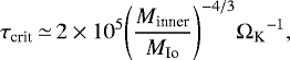 Mathematical equation: \begin{equation*} \tau_{\textrm{crit}} \,{\simeq}\, 2 \times 10^{5} {\left( \frac{M_{\textrm{inner}}}{M_{\textrm{Io}}} \right)}^{- 4/3} {\Omega_{\textrm{K}}}^{-1}, \end{equation*}