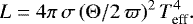 Mathematical equation: \begin{equation*}L = 4\pi\,\sigma\,(\Theta/2\,\varpi)^2\,T_{\textrm{eff}}^4. \end{equation*}