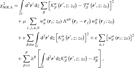 Mathematical equation: $$ \begin{aligned} \chi _{\rm SOLA}^2&= \int \limits _{\odot } \mathrm{d} ^2 \boldsymbol{r}^{\prime }\, \mathrm{d} z \sum \limits _\beta \left[\mathcal{K} ^{\alpha }_{\beta } \left(\boldsymbol{r}^{\prime }, z; z_0\right) - \mathcal{T} ^{\alpha }_{\beta }\left(\boldsymbol{r}^{\prime }, z; z_0\right)\right]^2\nonumber \\&\quad + \mu \sum \limits _{i,\,j,\,a,\,b} w^{\alpha }_a \left(\boldsymbol{r}_i; z_0\right) \Lambda ^{ab} \left(\boldsymbol{r}_i - \boldsymbol{r}_j\right)w^{\alpha }_b \left(\boldsymbol{r}_j; z_0\right) \nonumber \\&\quad + \nu \sum \limits _{\beta \ne \alpha } \int \limits _{\odot } \mathrm{d} ^2 \boldsymbol{r}^{\prime }\, \mathrm{d} z \left[\mathcal{K} ^{\alpha }_{\beta } \left(\boldsymbol{r}^{\prime }, z; z_0\right)\right]^2 +\epsilon \sum \limits _{a,\,i} \left[w^{\alpha }_a \left(\boldsymbol{r}_i; z_0\right)\right]^2 \nonumber \\&\quad + \sum \limits _{\beta = 1}^{P} \lambda ^{\beta } \left[\int \limits _{\odot } \mathrm{d} ^2 \boldsymbol{r}^{\prime }\, \mathrm{d} z \mathcal{K} ^{\alpha }_{\beta } \left(\boldsymbol{r}^{\prime }, z; z_0\right) - \delta ^{\alpha }_{\beta }\right] {,} \end{aligned} $$