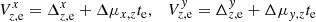 Mathematical equation: $$ \begin{aligned} V^x_{z,\mathrm{e}} = \Delta ^x_{z,\mathrm{e}} + \Delta \mu _{x,z} t_{\rm e}, \quad V^{ y}_{z,\mathrm{e}} = \Delta ^{ y}_{z,\mathrm{e}} +\Delta \mu _{{ y},z} t_{\rm e} \end{aligned} $$