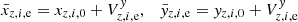 Mathematical equation: $$ \begin{aligned} \bar{x}_{z,i,\mathrm{e}} =x_{z,i,0} + V^{ y}_{z,i,\mathrm{e}}, \quad \bar{{ y}}_{z,i,\mathrm{e}} ={ y}_{z,i,0} + V^{ y}_{z,i,\mathrm{e}} \end{aligned} $$