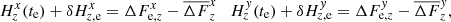 Mathematical equation: $$ \begin{aligned} H^x_z(t_{\rm e})+ \delta H^x_{z,\mathrm{e}} = \Delta F^x_{\mathrm{e},z} - \overline{\Delta F}^x_{z} \quad H^{ y}_z(t_{\rm e})+ \delta H^{ y}_{z,\mathrm{e}} = \Delta F^{ y}_{\mathrm{e},z} - \overline{\Delta F}^{ y}_{z}, \end{aligned} $$