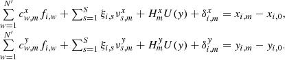 Mathematical equation: $$ \begin{aligned} \begin{array}{ll} \sum \limits _{{ w}=1}^{N^{\prime }} c^x_{{ w},m}f_{i,{ w}} + \sum _{s=1}^S { \xi }_{i,s} \nu ^x_{s,m} +H_m^x U({ y})+ \delta ^x_{i,m} = x_{i,m} - x_{i,0}, \\ \sum \limits _{{ w}=1}^{N^{\prime }} c^{ y}_{{ w},m}f_{i,{ w}} + \sum _{s=1}^S { \xi }_{i,s} \nu ^{ y}_{s,m} +H_m^{ y} U({ y}) + \delta ^{ y}_{i,m} = { y}_{i,m} - { y}_{i,0}. \end{array} \end{aligned} $$
