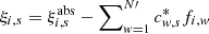 Mathematical equation: $ \xi_{i,s} = \xi_{i,s}^{\mathrm{abs}} - \sum\nolimits_{\mathit{w}=1}^{N\prime} c^*_{\mathit{w},s} f_{i,\mathit{w}} $